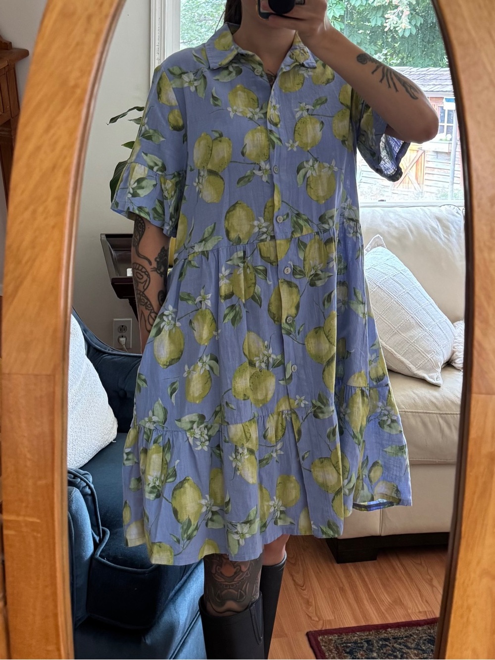 Button-Front Blue Lemon Print Midi Dress